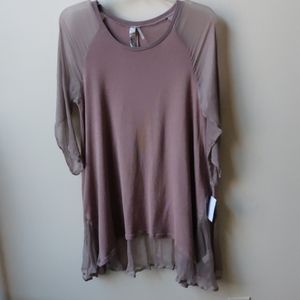 NEW MIILLA Chiffon Sleeve Hi-Lo Hem Top Brown M
